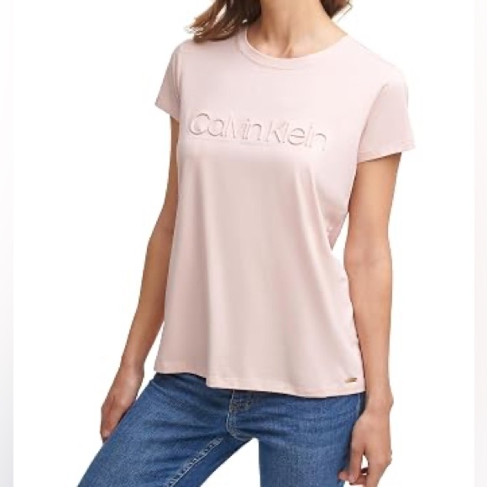 Calvin Klein Tonal Stacked Double Embossed Logo Tan Mauve Crewneck Tee, Size XL
